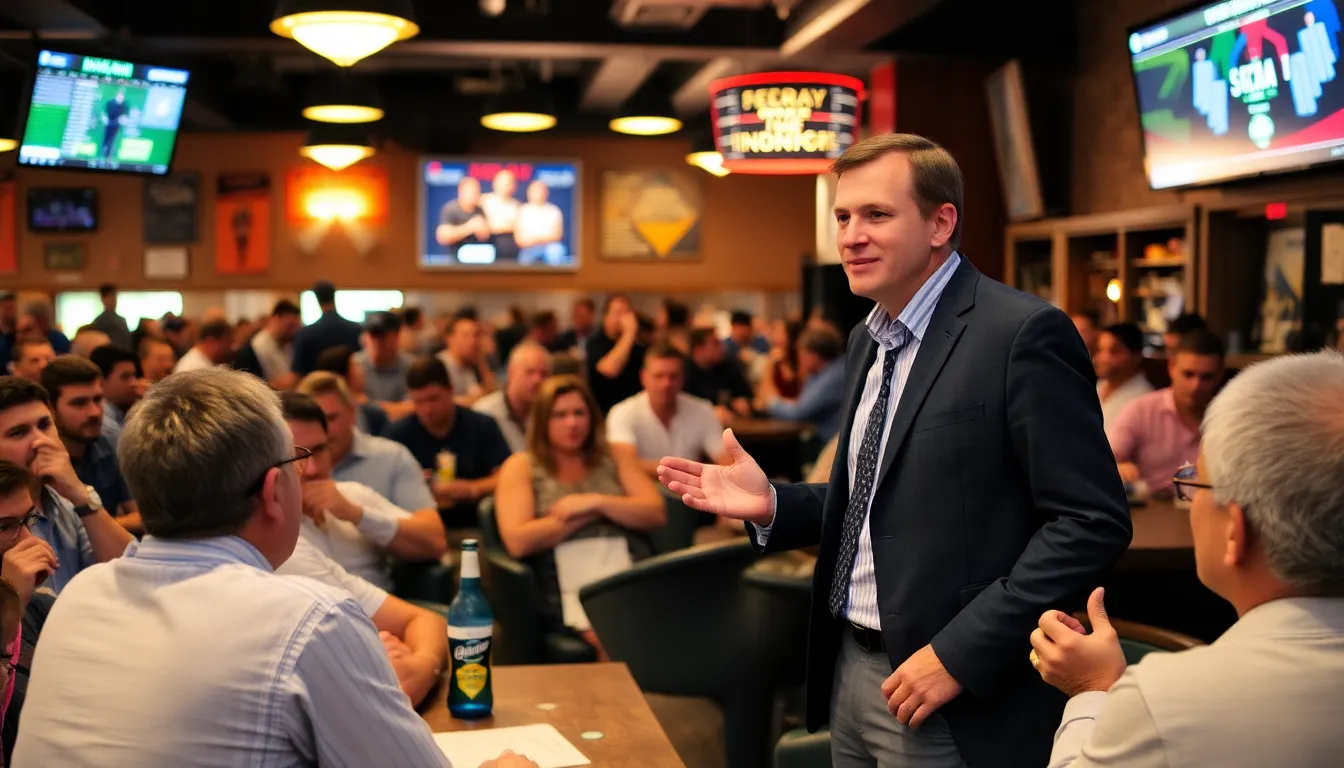 Sports analysts and fans gather around a table covered with charts and betting odds, intently discussing strategies for the upcoming NCAA Tournament.