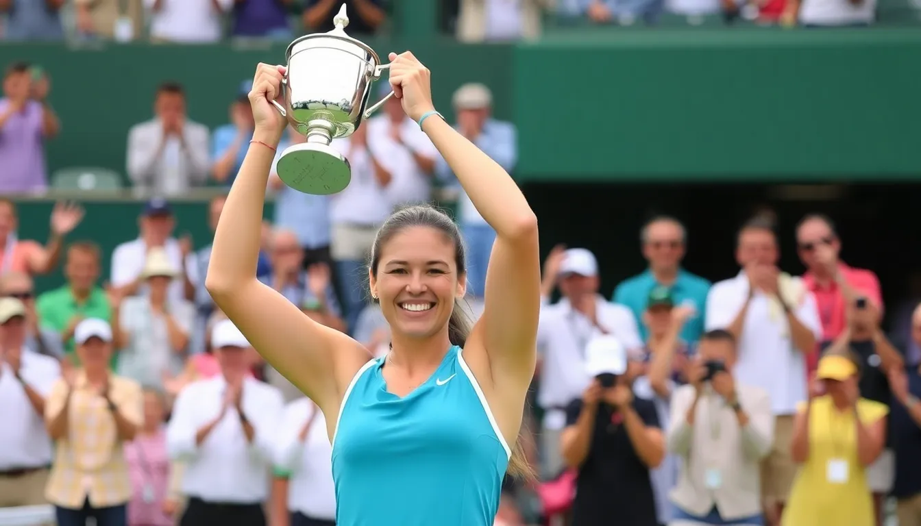 Aryna Sabalenka celebrates her victory at the Indian Wells tournament, holding the trophy aloft amidst a cheering crowd and colorful banners.