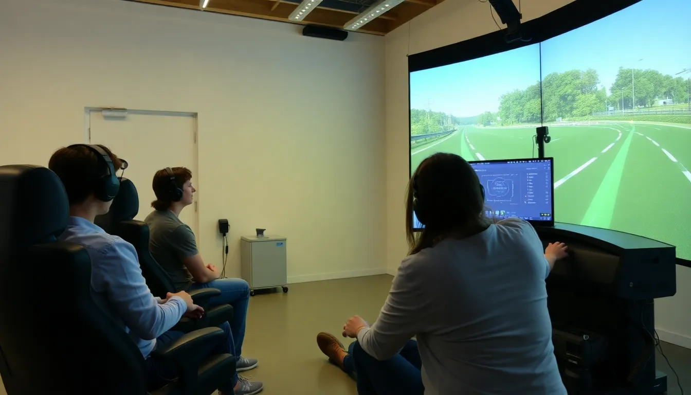A driving simulator setup featuring a realistic steering wheel and screen, showcasing how gaming technology can be used for driver training in a riskfree environment