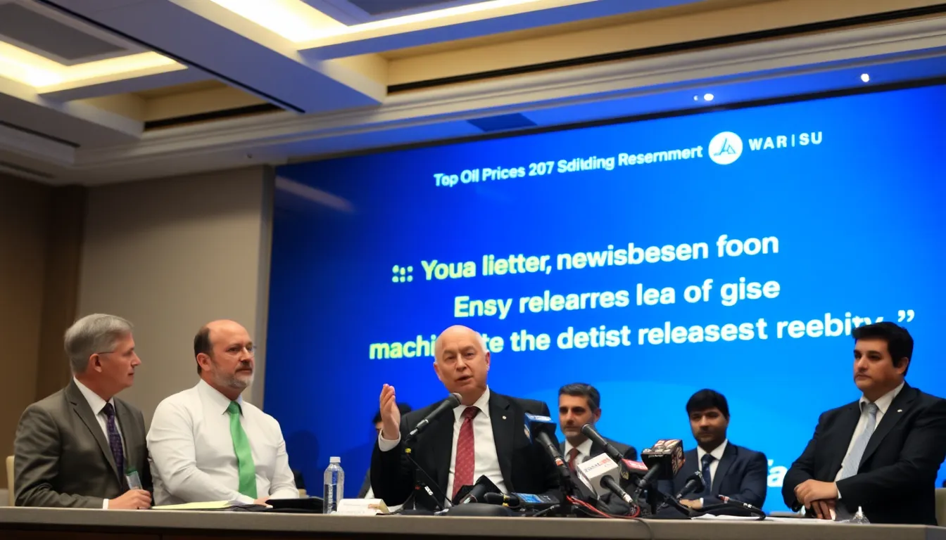 A group of oil industry analysts discusses the recent surge in oil prices during a conference, with charts and graphs illustrating market trends displayed on a large screen behind them.