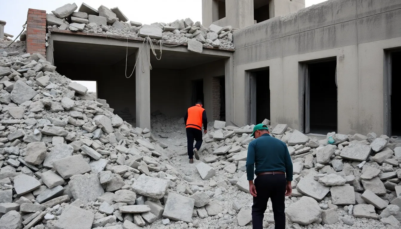 Rescue workers and civilians gather at the site of a devastating air strike on a drug rehabilitation center in Kabul, where debris and chaos surround the area following the attack that resulted in numerous casualties.