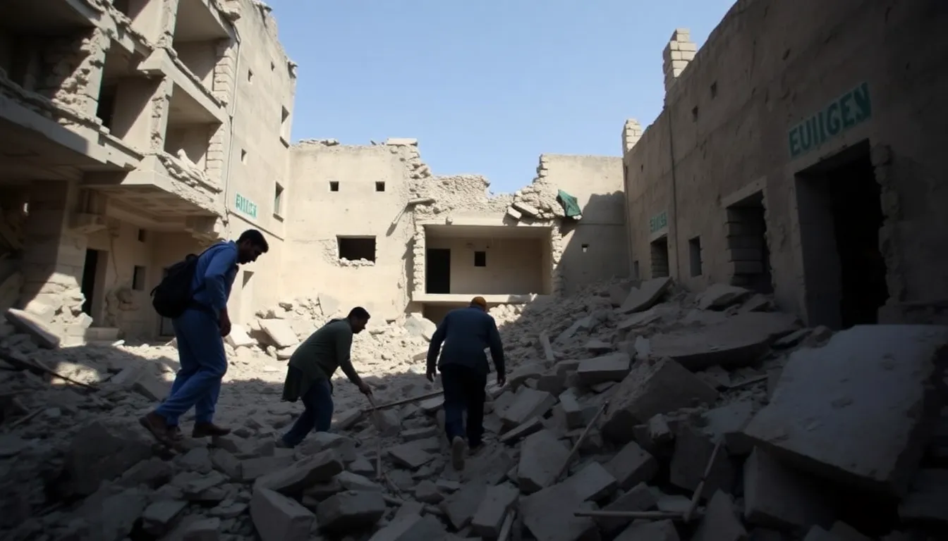 A closeup of the damaged rehabilitation center, highlighting the destruction caused by the air strike and its implications for those seeking treatment for addiction