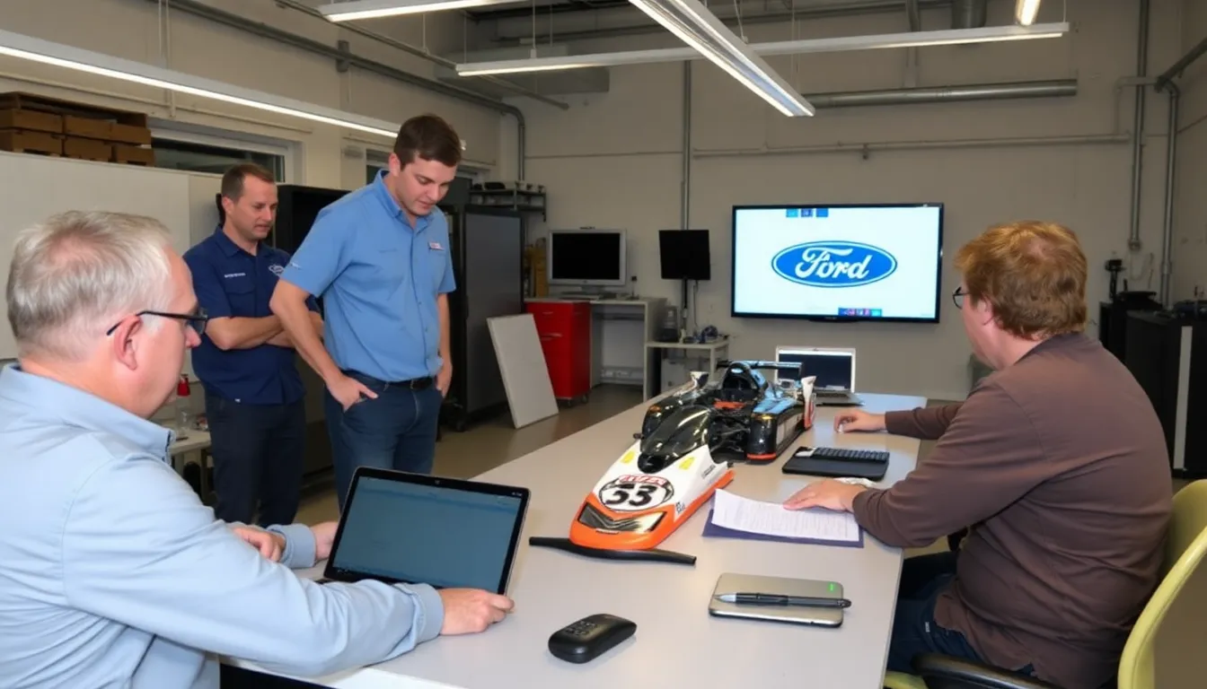 Andy Priaulx speaks at a press conference announcing his goal to win the 2027 24 Hours of Le Mans with Ford, surrounded by media and racing enthusiasts.