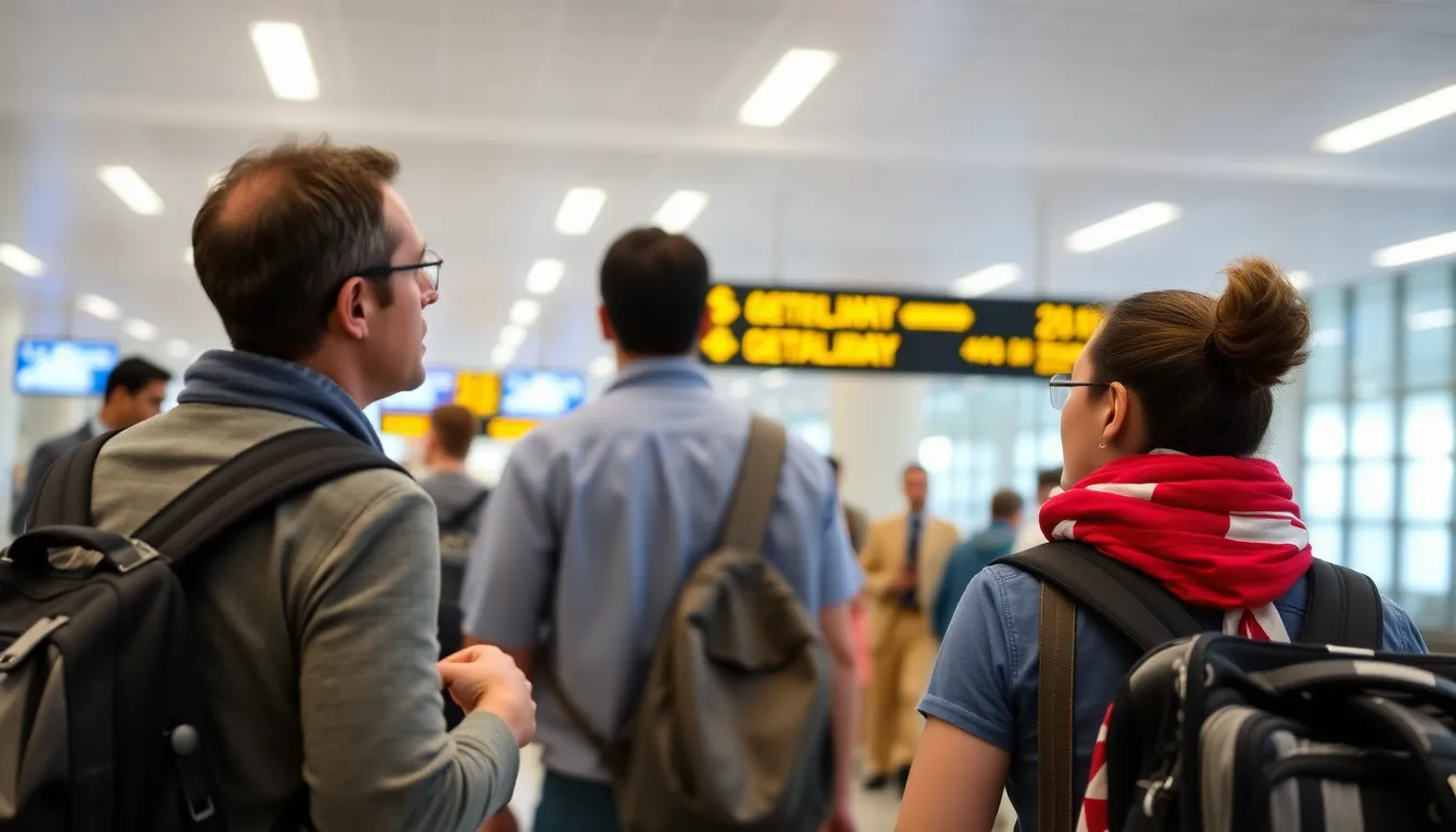 Travelers at an airport checkin counter look concerned as they discuss flight cancellations and delays due to the ongoing conflict in the Middle East.