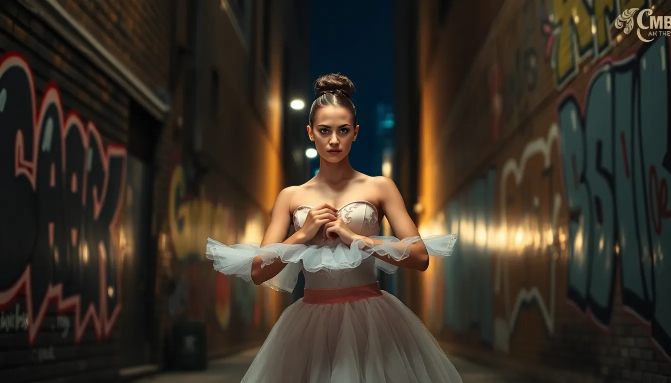 Chloe Grace Moretz performs a dynamic dance move while wielding a weapon in a scene from the action thriller Pretty Lethal, showcasing the film's unique blend of ballet and combat.
