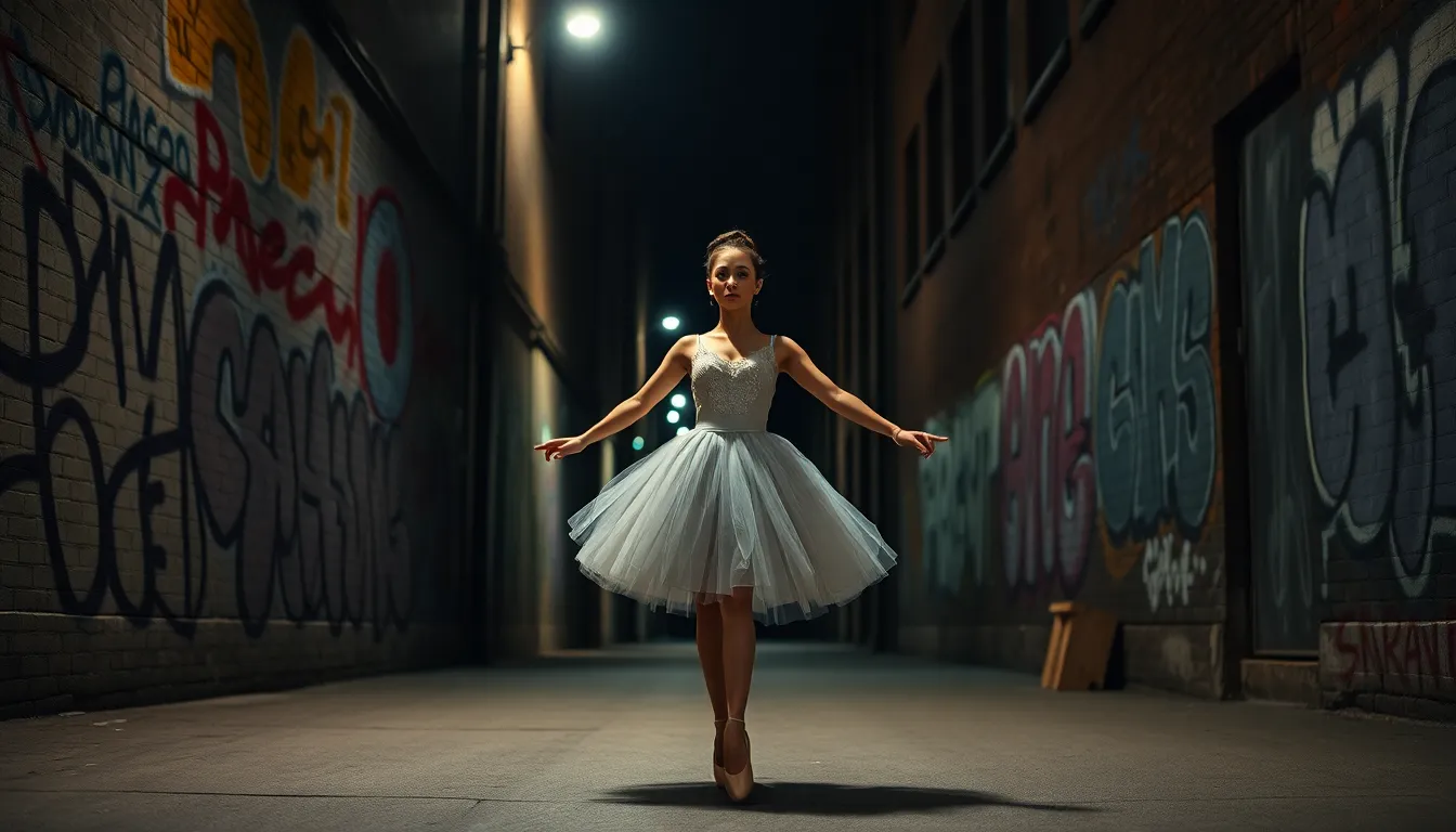 The lead actress, dressed in a striking costume, performing an intricate dance move while surrounded by a dramatic urban backdrop