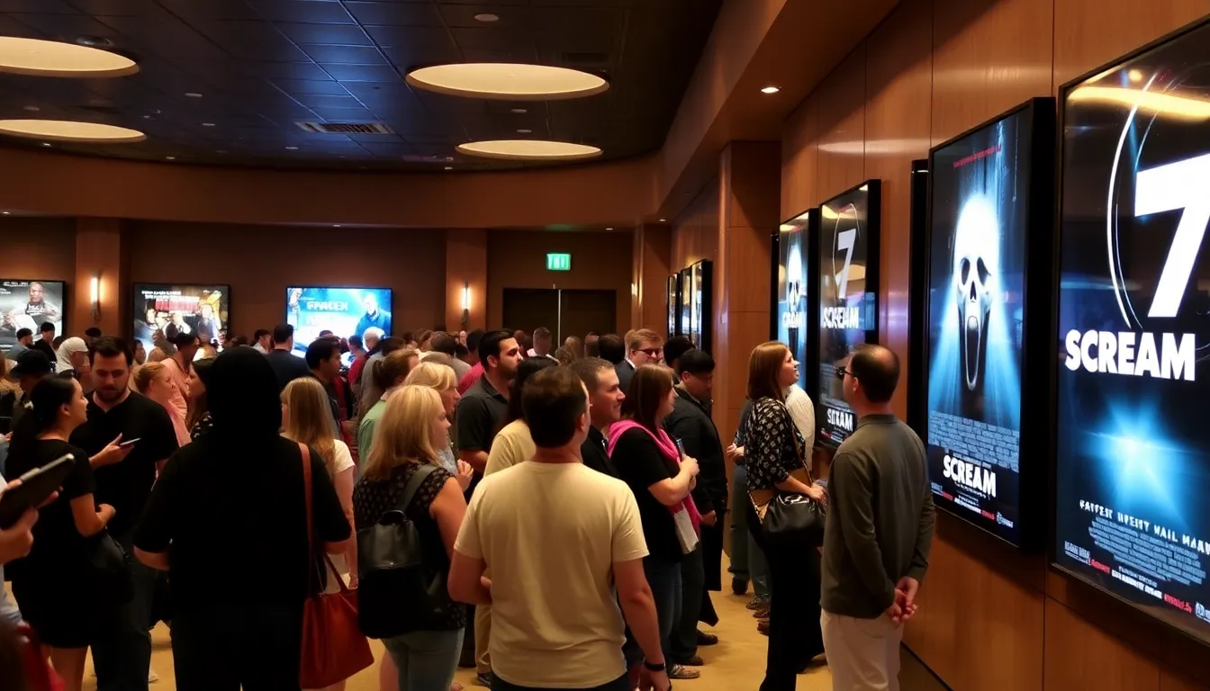 A crowded theater audience eagerly watches a scene from Project Hail Mary, with expressions of excitement and anticipation on their faces.
