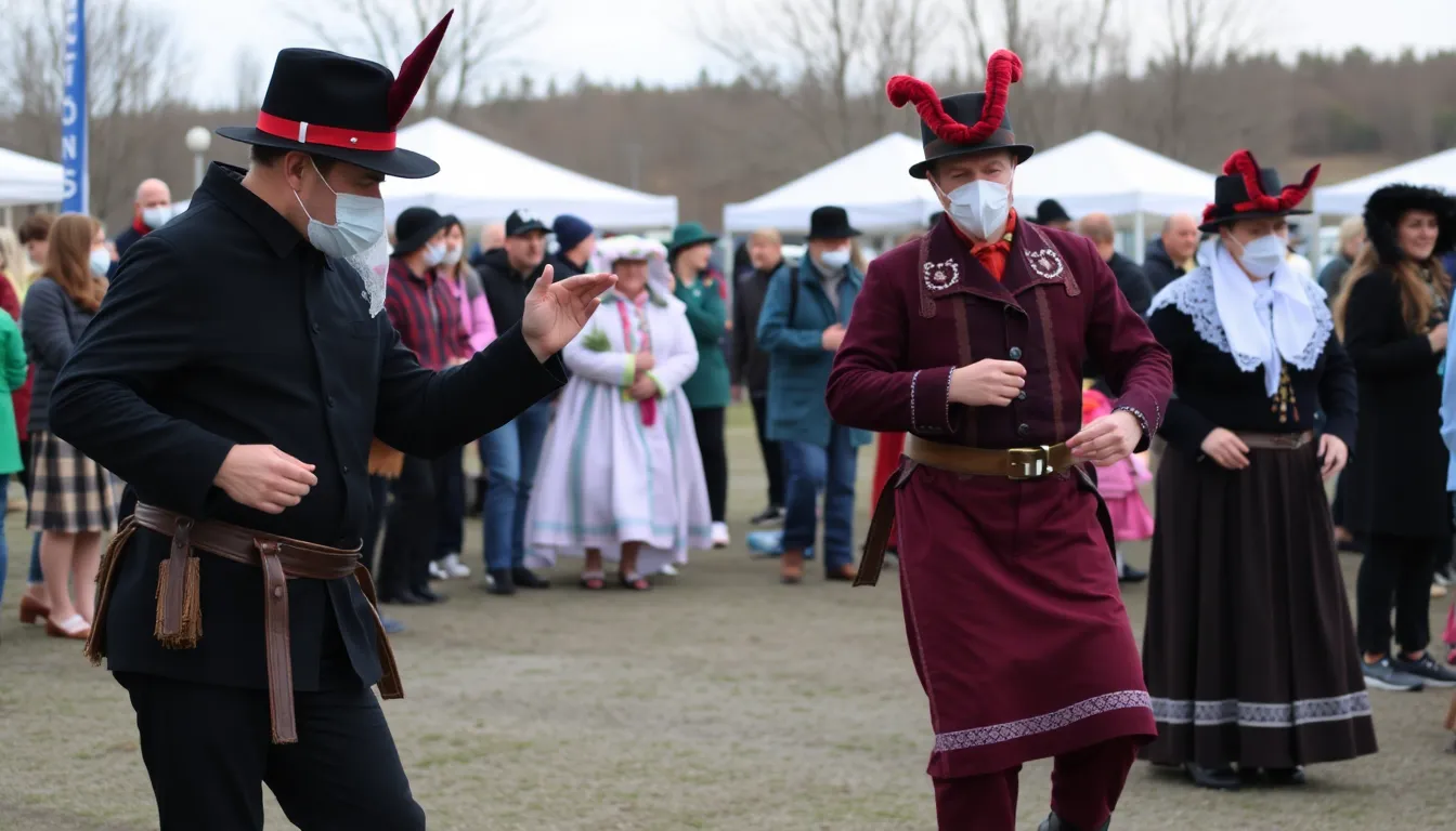 Residents of Île d'Orléans dance joyfully in colorful masks during the lively midpoint Lent celebration, surrounded by local artisans showcasing crafts and traditional foods.