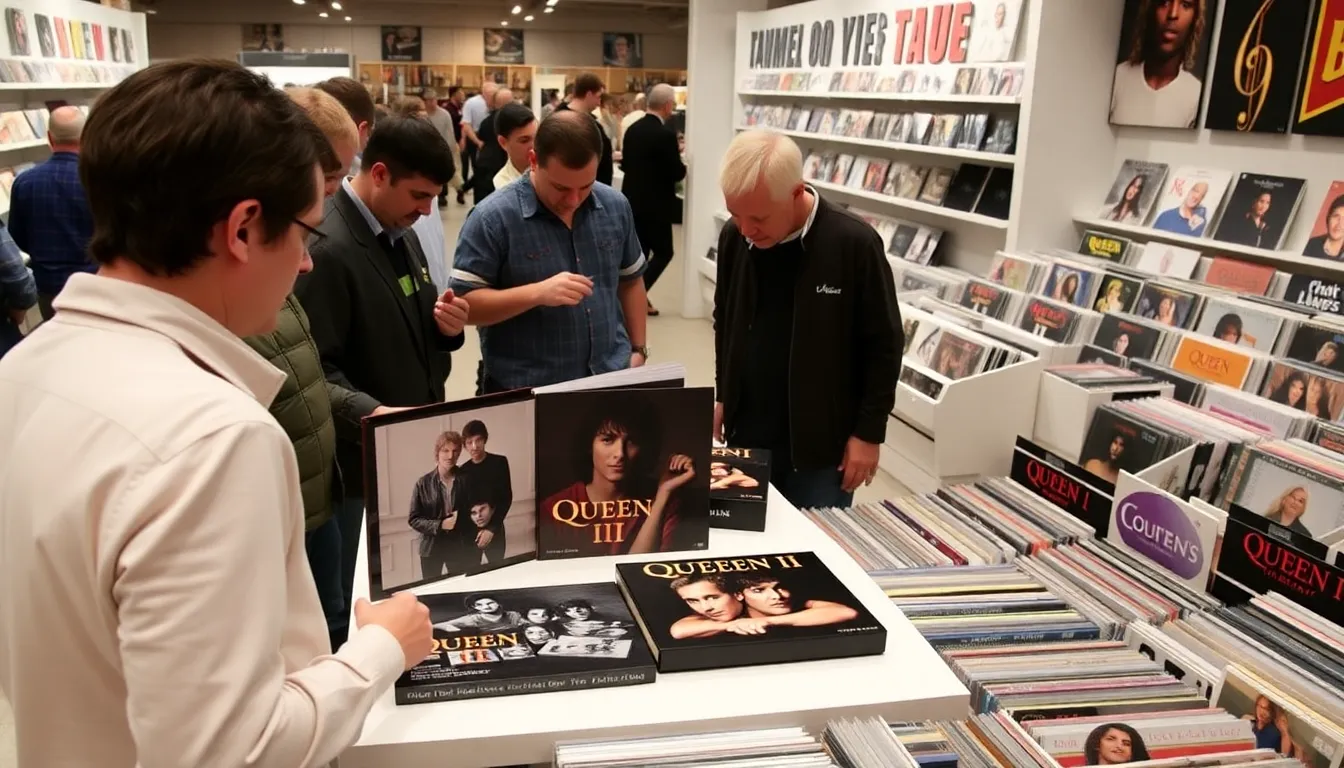 Fans gather at a listening party to celebrate the release of the deluxe boxed set of Queen II, surrounded by memorabilia and vinyl records.