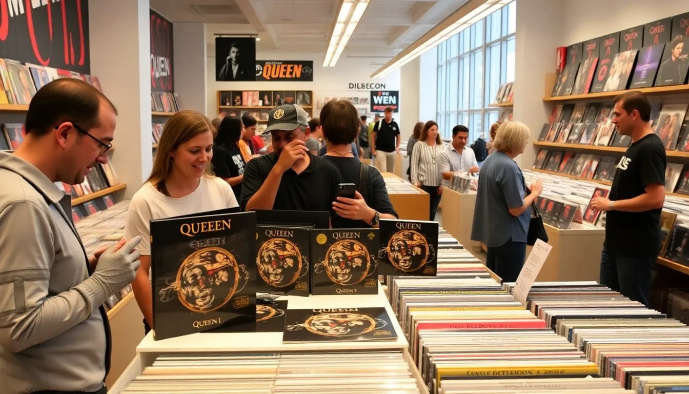 A vibrant display of the deluxe boxed set in a record store, attracting both longtime supporters and new listeners eager to explore Queen's legacy