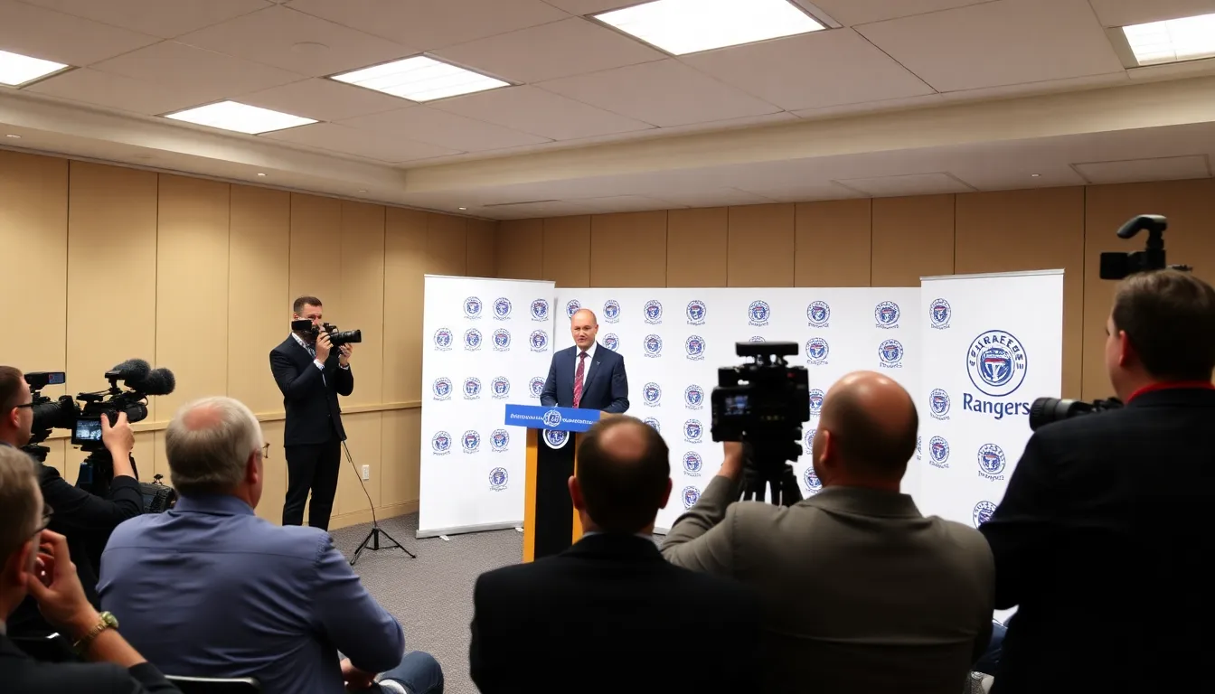 Rangers Football Club officials announce plans for a £16 million share issue during a press conference, highlighting the importance of funding for squad enhancements.