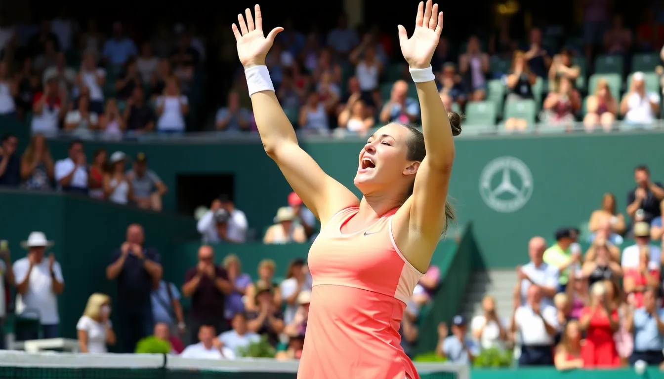 Aryna Sabalenka celebrates her victory over Coco Gauff at the Indian Wells tournament, raising her arms in triumph as confetti falls around her.