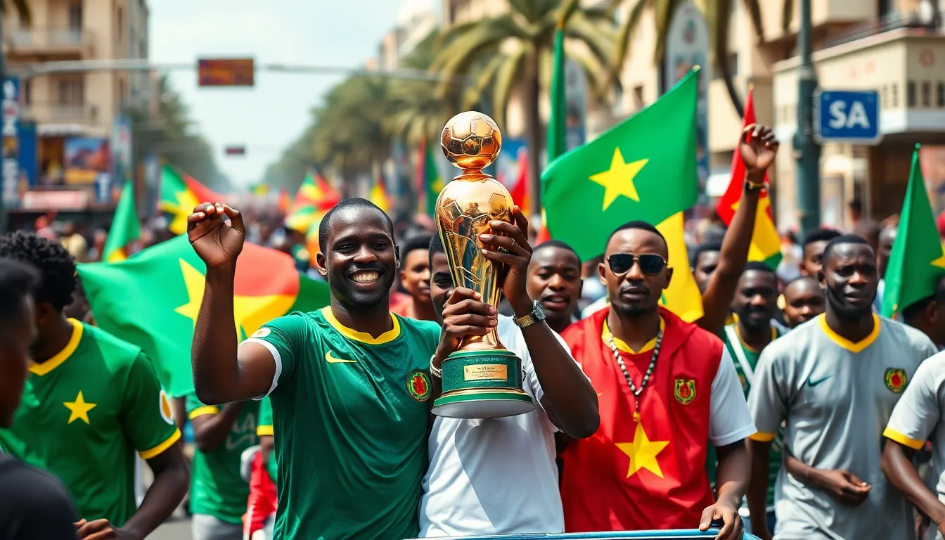 A large crowd of enthusiastic fans fills the streets of Dakar, waving flags and cheering as the Senegal national football team parades the Africa Cup of Nations trophy amidst a backdrop of vibrant decorations and national pride.