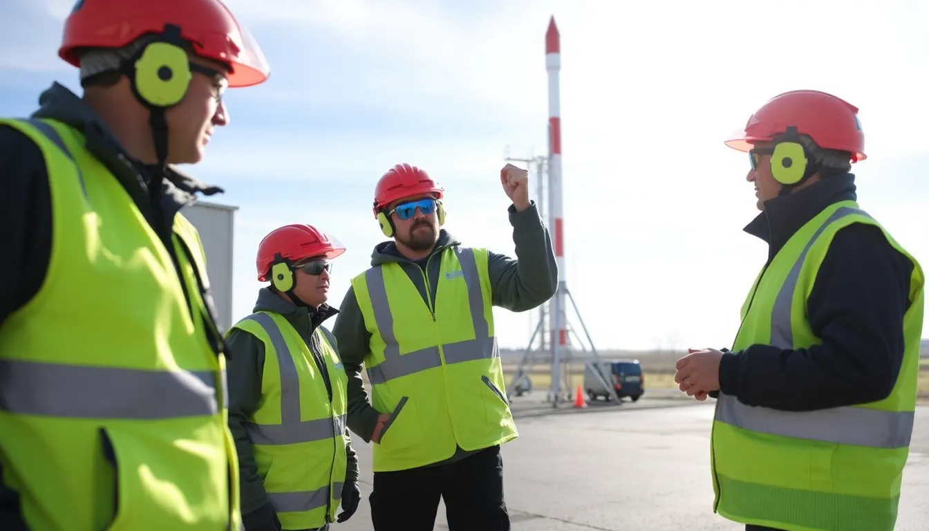 A rocket stands ready for launch at the Unst site in Shetland, surrounded by a clear blue sky and rugged coastal landscape.