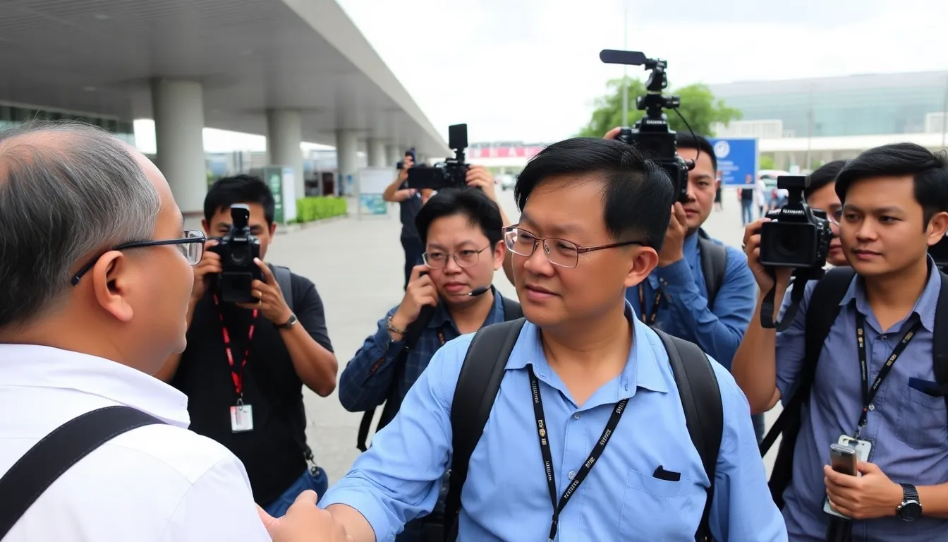 A group of journalists gathers outside Singapore's immigration office, discussing the recent denial of entry to Malaysian scholar Dr. Azmi Sharom.