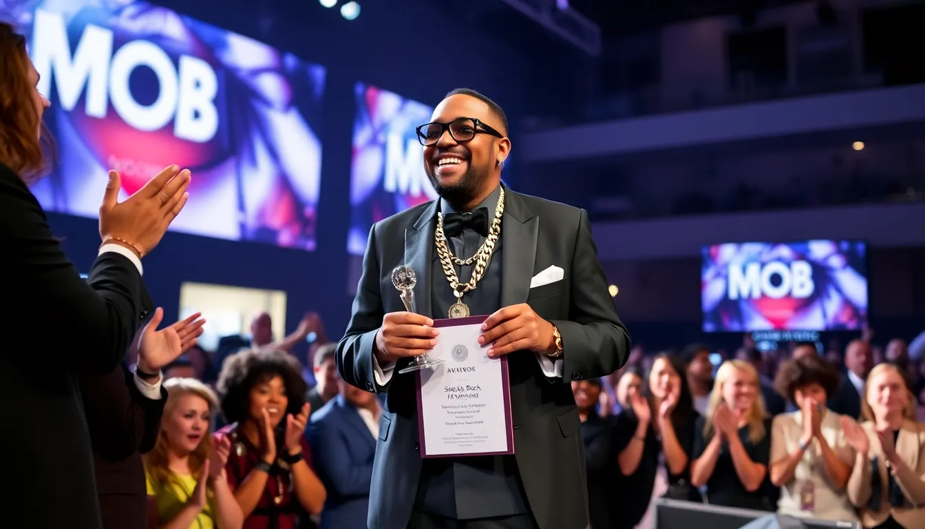 A vibrant crowd at the Mobo Awards, celebrating Slick Rick's recognition and the legacy of storytelling in hiphop music