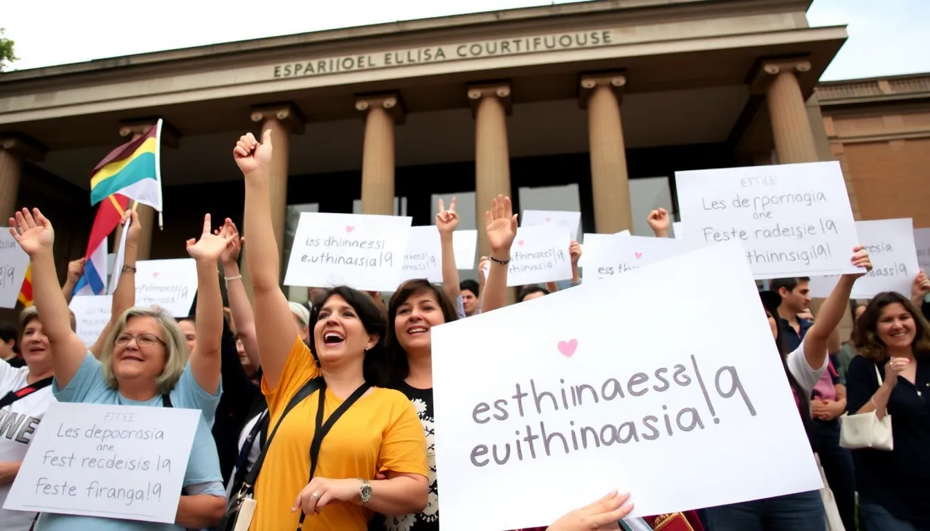 A group of supporters holds banners outside a hospital in Spain, advocating for euthanasia rights following the assisted death of María José Carrasco.