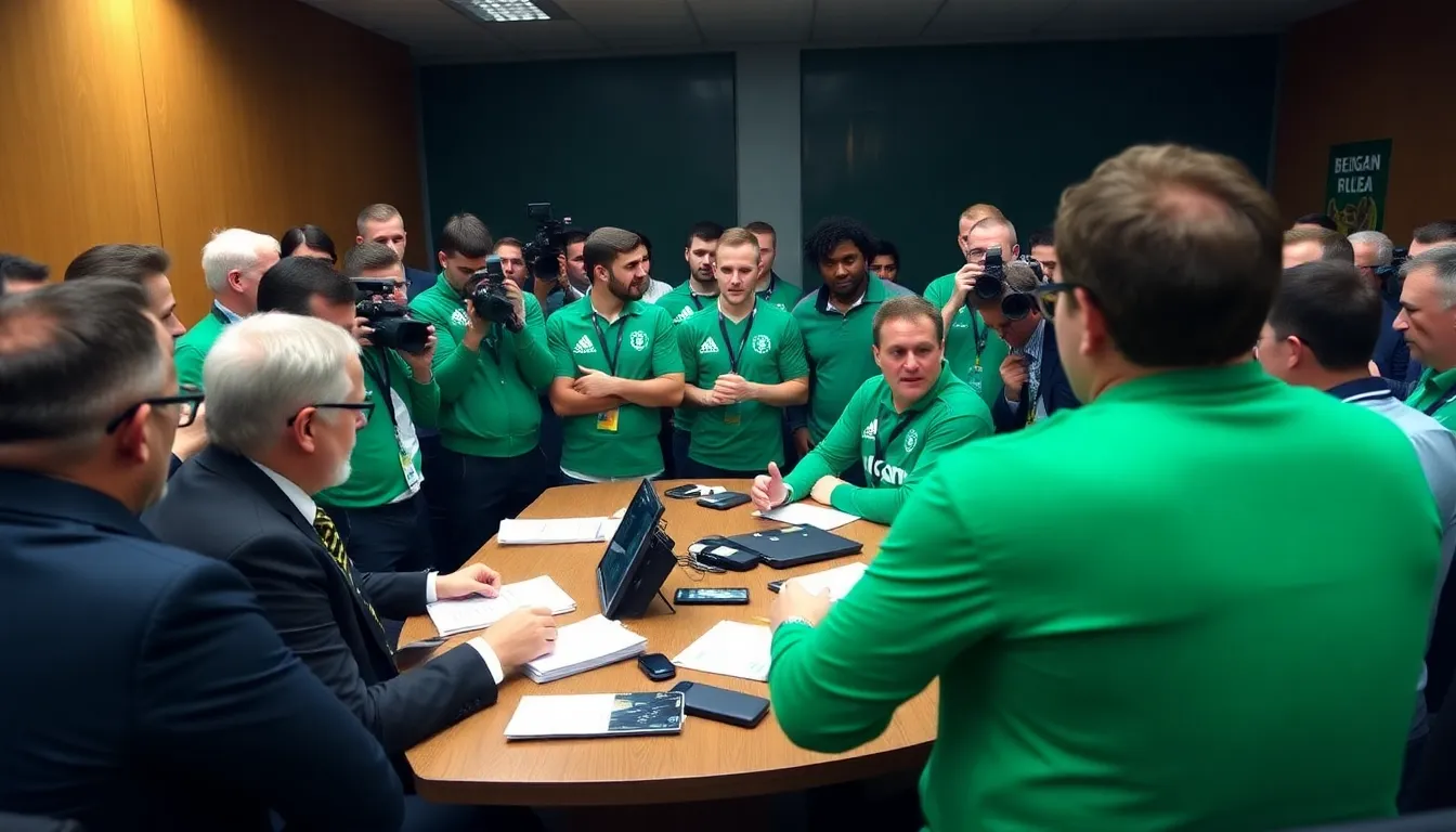 Andrew Stirling stands on the cricket field, addressing the media with a serious expression as he announces his resignation as captain of the Ireland T20 team.