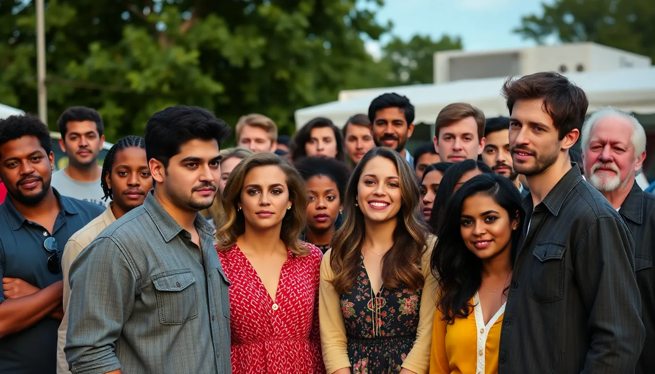 A group of fans gathers outside a theater, eagerly discussing their expectations for the Duffer brothers' new show as promotional posters adorn the walls.