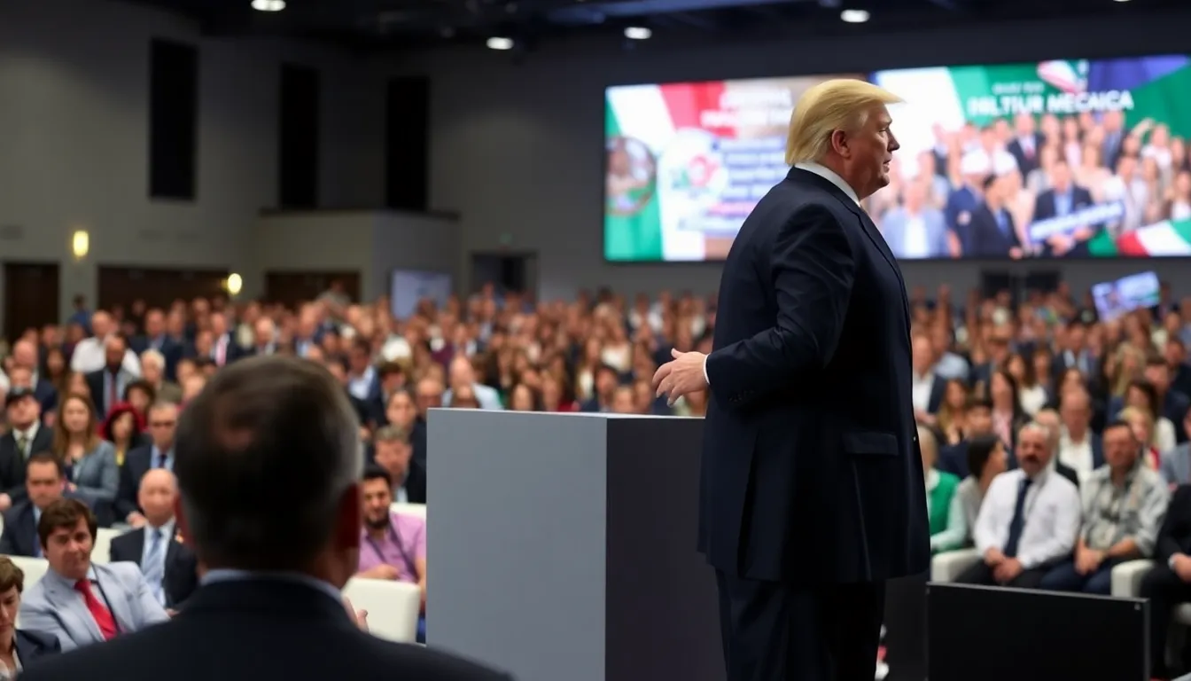 Former President Donald Trump speaks to a crowd of supporters as he announces the formation of a coalition aimed at combating drug cartels along the U.S.Mexico border.