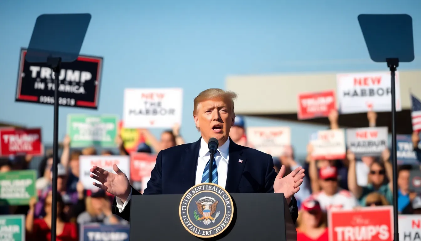 Former President Donald Trump gestures while speaking at a rally in Michigan, where he made controversial remarks about Japan and Pearl Harbor in response to a question about Iran.