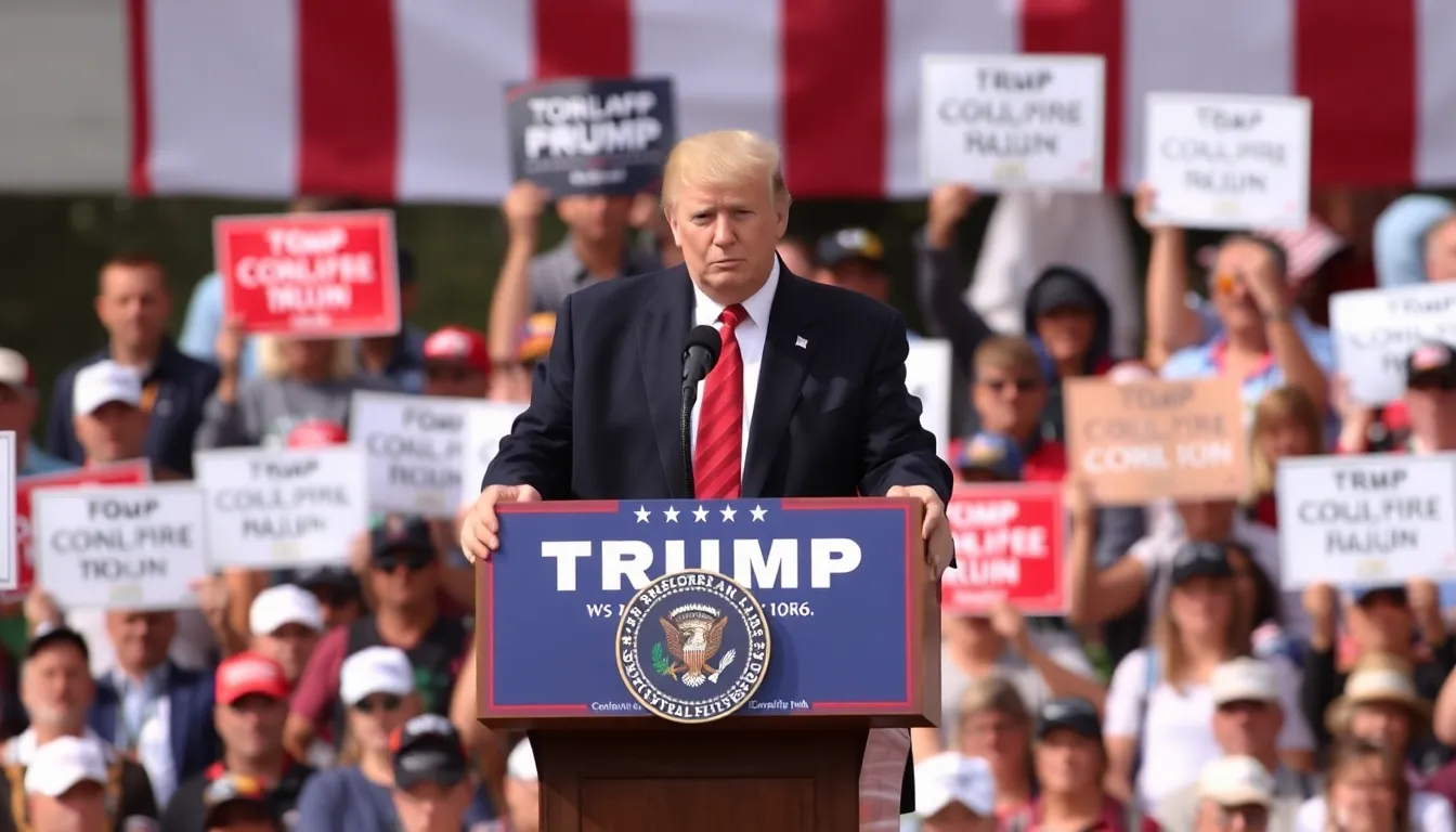 A political rally where Donald Trump addresses the audience, highlighting his controversial remarks about Japan