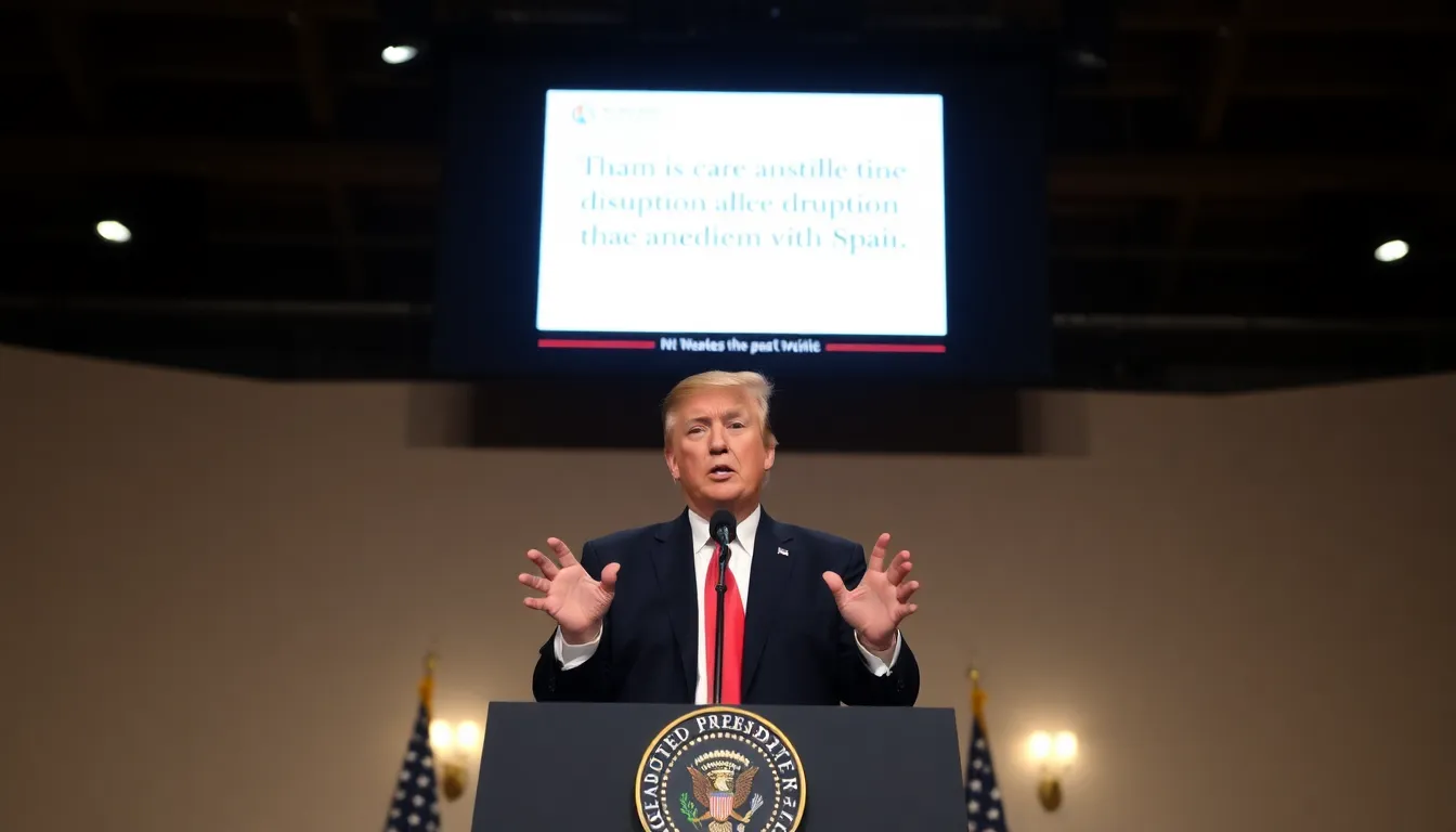 Former President Donald Trump gestures emphatically while addressing a crowd at a rally, discussing his threats to end trade relations with Spain.