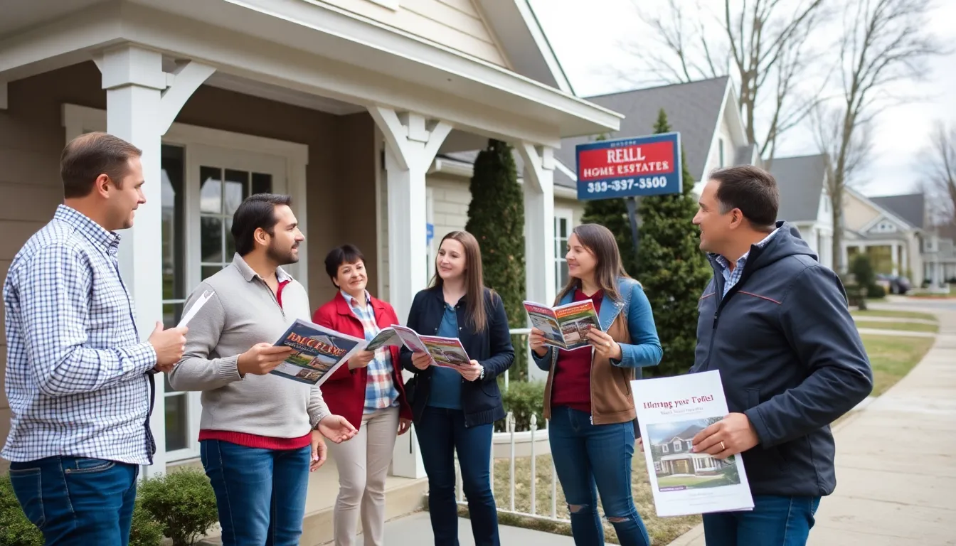 A group of concerned firsttime buyers stands outside a real estate office, discussing the recent sharp rise in mortgage costs and its impact on their homebuying plans.