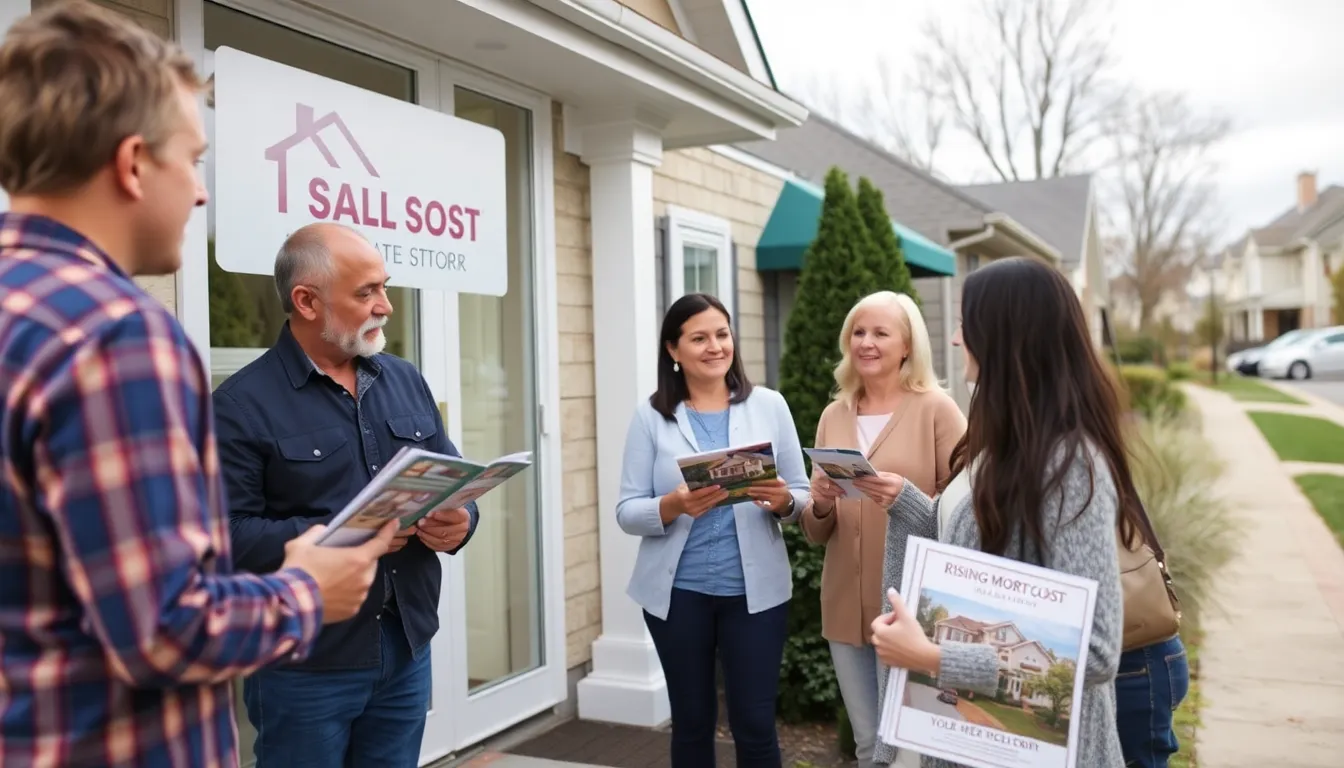 A crowded real estate office with agents discussing the impact of increased mortgage rates on potential homebuyers