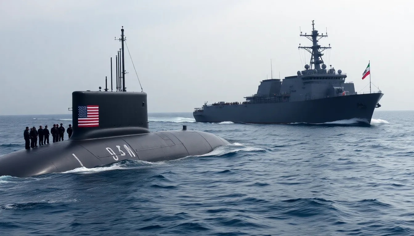 A US submarine is seen surfacing in the Gulf of Oman after reportedly sinking the Iranian warship Kharg during naval exercises, highlighting escalating tensions between the two nations.
