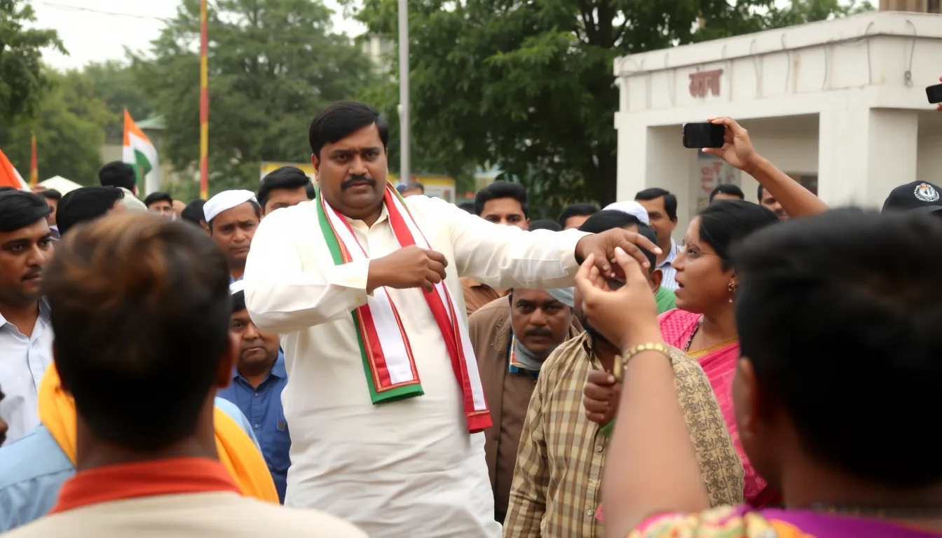 A politician stands on stage with a shocked expression as a gunman is subdued by security personnel after a near miss gunshot attack during a public event in India.