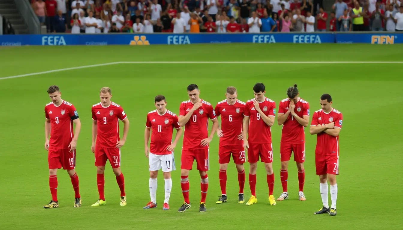Welsh players stand dejectedly on the pitch as Argentina celebrates their victory after a tense penalty shootout that ended Wales' World Cup dreams.