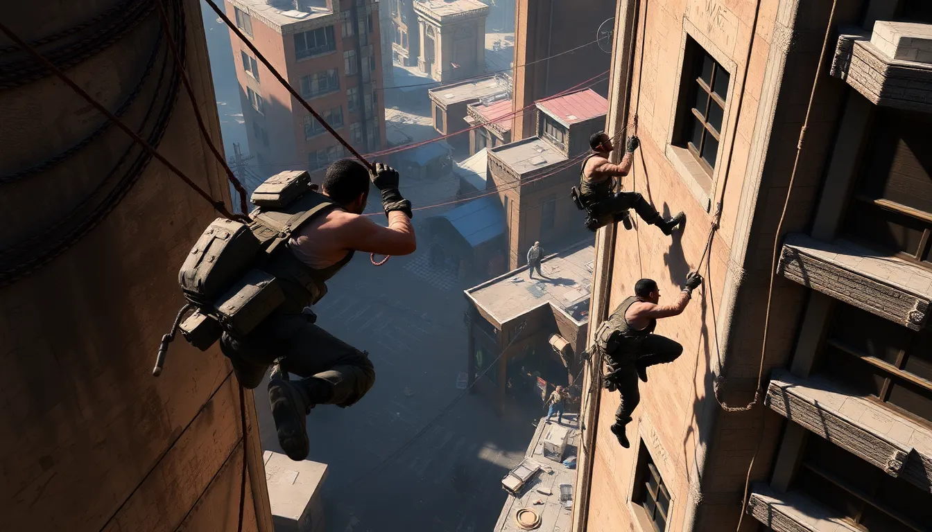 Players in a virtual battlefield use grapple hooks to ascend a tall structure while others engage in wall jumping to navigate the terrain more swiftly during a heated match in Warzone.