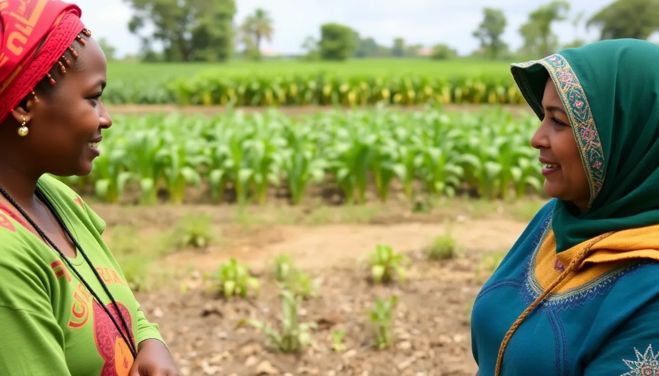 Two women stand in their fields, one in Brazil with wilting coffee plants and the other in Kenya surveying flooddamaged maize, both reflecting the impacts of climate change on their farming livelihoods.