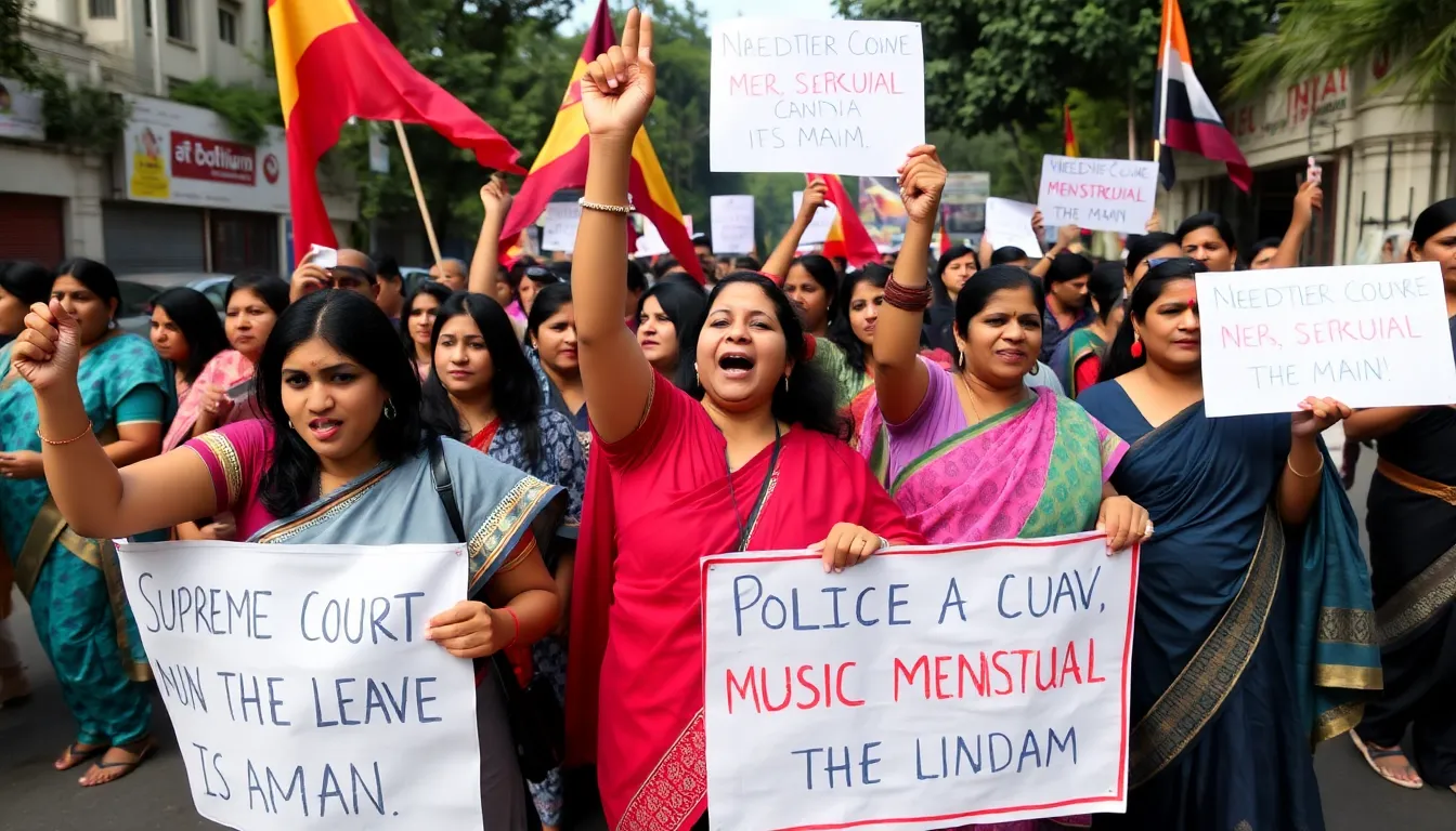 A diverse group of women engaged in a discussion about menstrual health policies, highlighting the importance of addressing workplace challenges related to menstruation