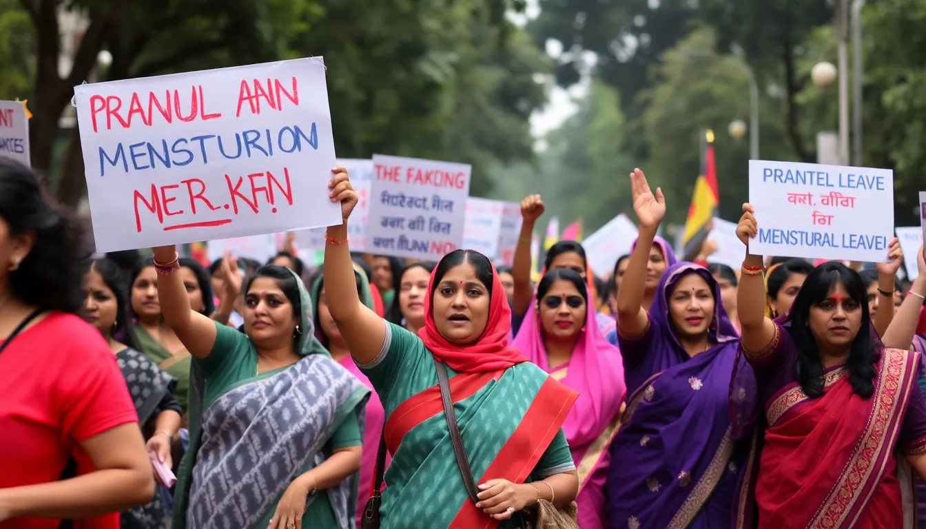 A corporate office setting where women are seen working, reflecting the ongoing debate about the impact of menstrual leave on women's employment opportunities