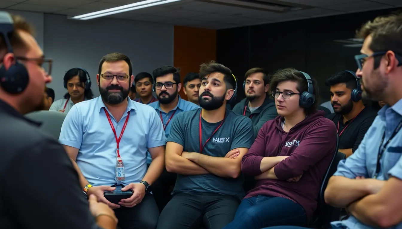 A bustling indie game development environment where studios strive for financial backing in a competitive market