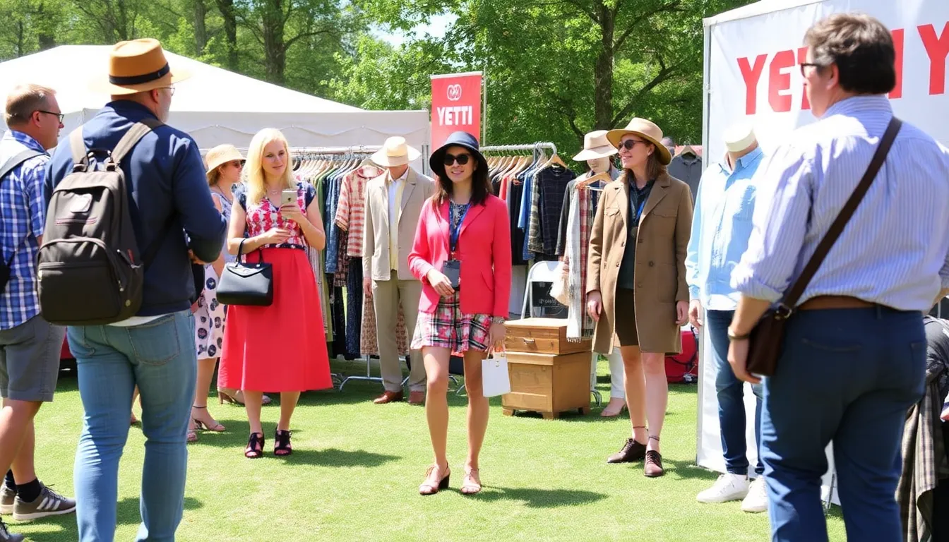 A group of outdoor enthusiasts gathers around a vibrant display of Yeti's Throwback collection, showcasing coolers and drinkware that blend retro designs with modern functionality.