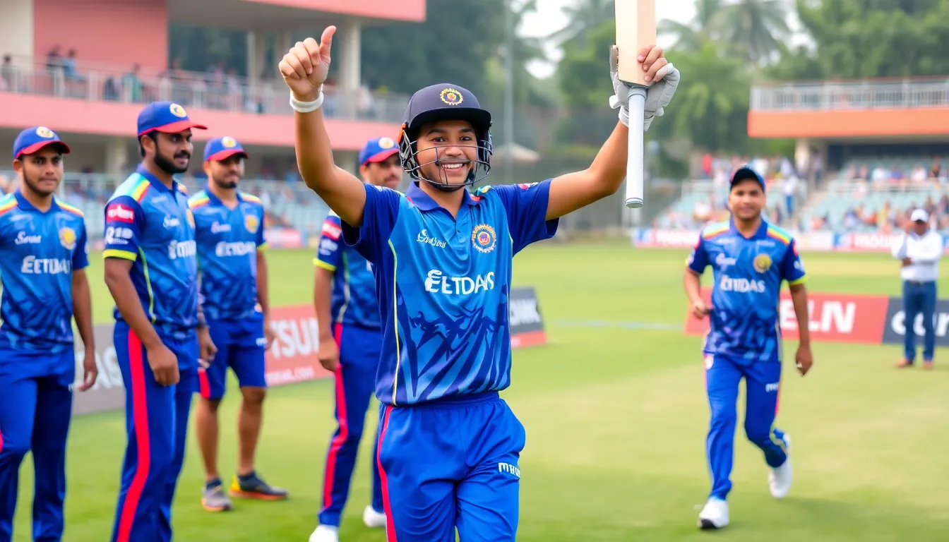 Vaibhav Sooryavanshi celebrates after scoring a recordbreaking halfcentury off 15 balls during an IPL match, surrounded by cheering teammates and a vibrant crowd.