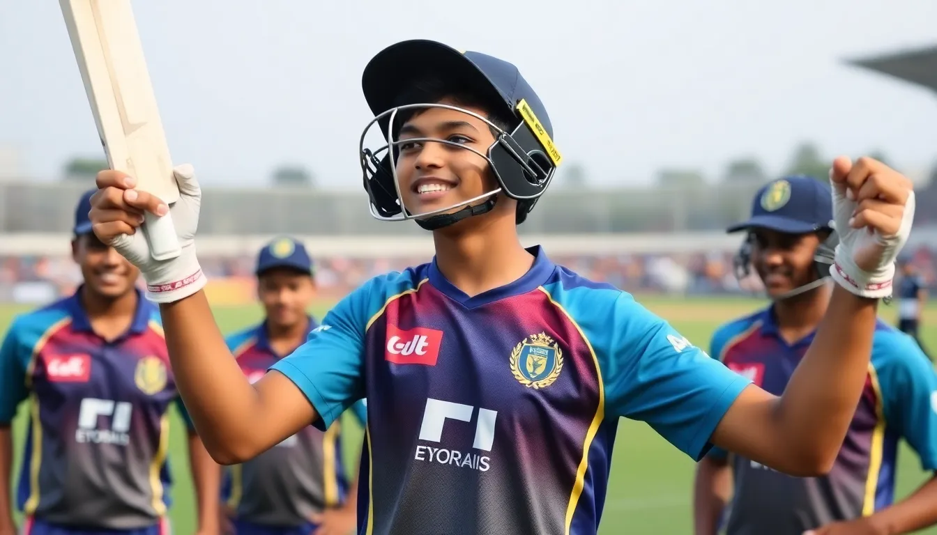 A group of excited fans cheering passionately in the stands, captivated by the remarkable performance of the 15yearold cricket prodigy