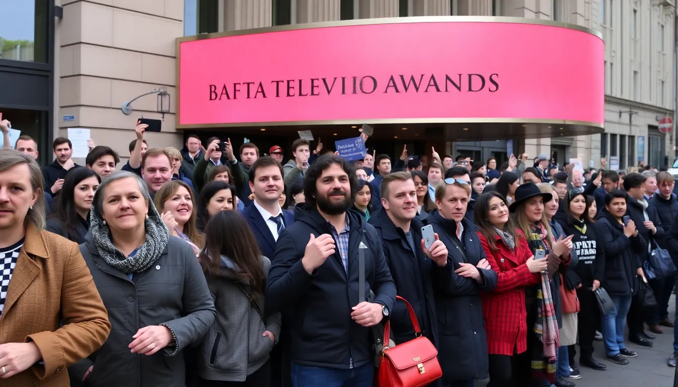 A group of nominees stands together on stage at the Bafta Television Awards ceremony, smiling and holding their nomination certificates in front of a backdrop featuring the Bafta logo.