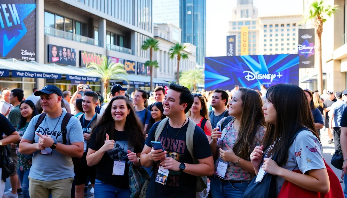 A group of excited fans dressed as Star Wars characters gather outside a Disney store, eagerly discussing the upcoming premiere of the new series set to launch on Disney+.