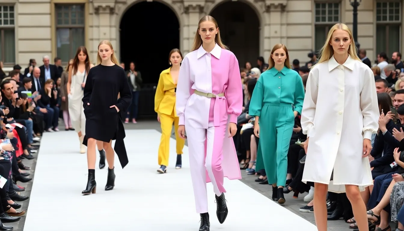 A fashion designer at work, surrounded by swatches of bright fabrics, thoughtfully creating a collection that merges sustainability with the playful spirit of color blocking