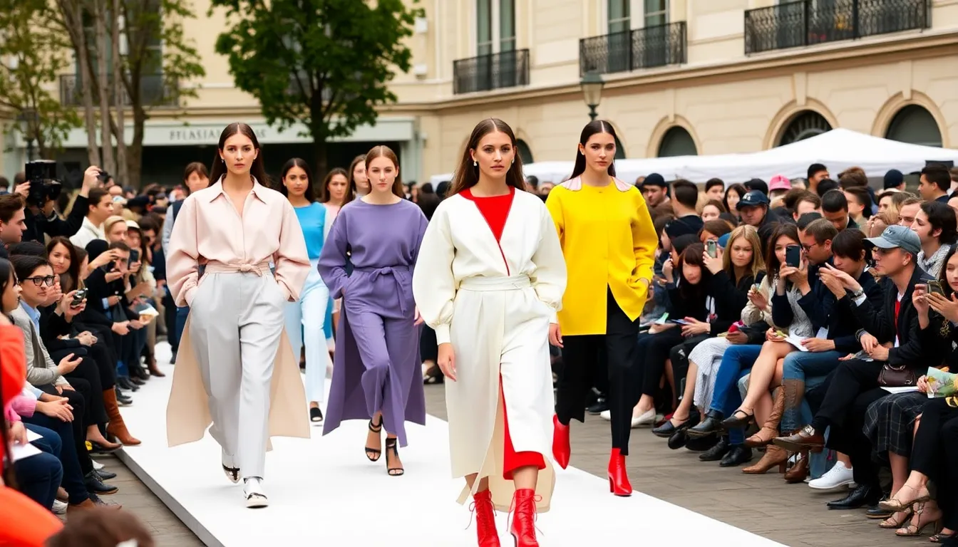 Celebrities and influencers proudly displaying their striking colorblocked ensembles at a lively outdoor event, capturing the essence of the spring 2026 fashion movement