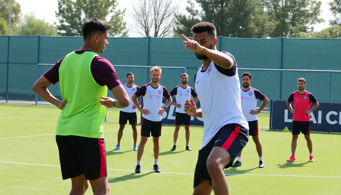 Kylian Mbappé trains on the field while wearing a protective bandage on his hamstring, surrounded by teammates as they prepare for the upcoming World Cup.