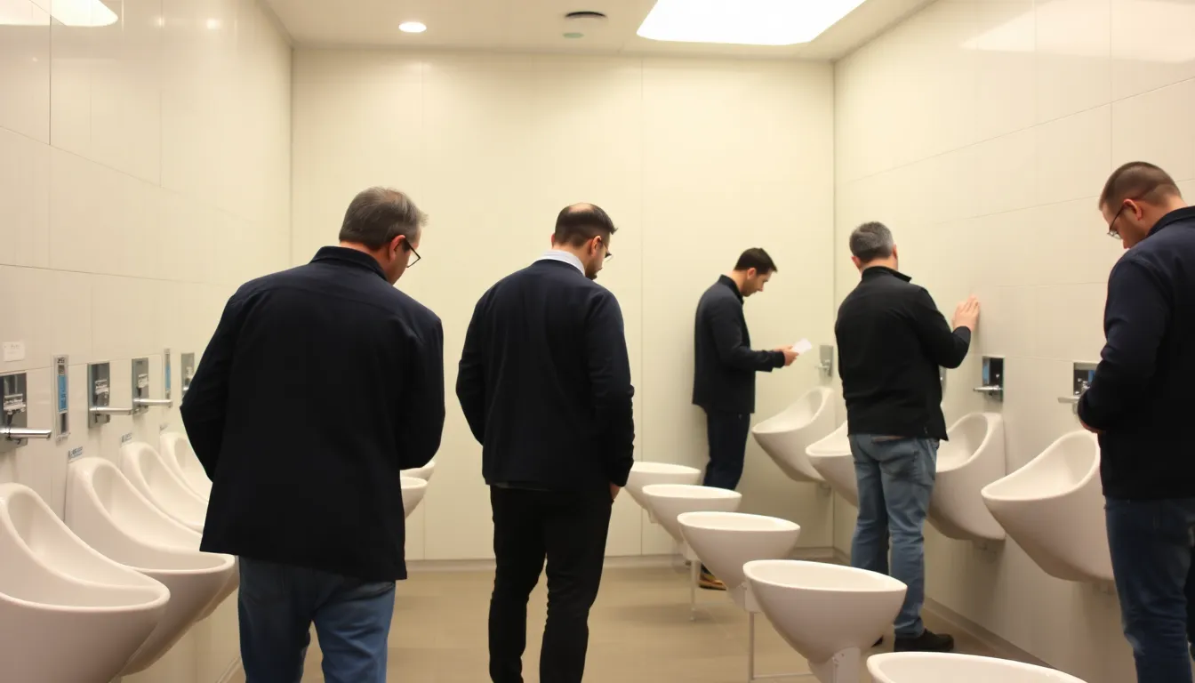 A modern public restroom features a row of sleek, waterless urinals made from ecofriendly materials, highlighting the shift towards sustainability and inclusivity in design.