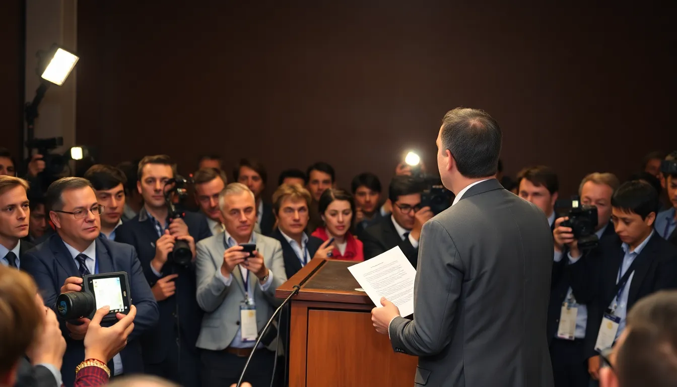 Adam Back stands at a podium during a press conference, confidently addressing reporters while denying claims that he is Satoshi Nakamoto, the mysterious creator of Bitcoin.