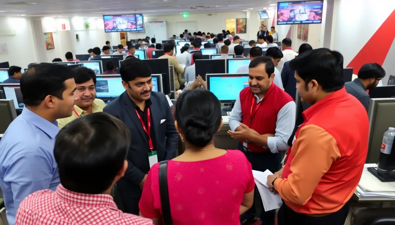 A group of Air India employees stands outside the airline's headquarters, looking concerned as news of the CEO's resignation spreads.