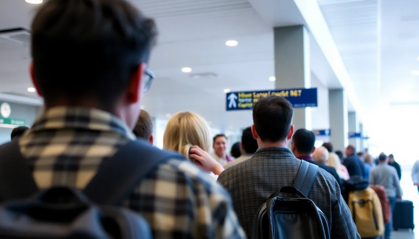 Travelers wait in line at an airport checkin counter as airlines announce flight reductions and fare increases due to rising fuel costs.