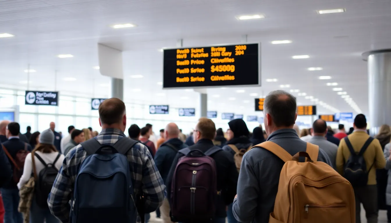 The impact of reduced flight availability is visible in an airport scene where travelers wait in longer lines, highlighting the congestion caused by fewer seats